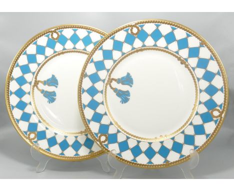 De Lamerie Fine Bone China heavily gilded Turquoise Checker patterned Dinner Plates, specially made high end quality item, Ma