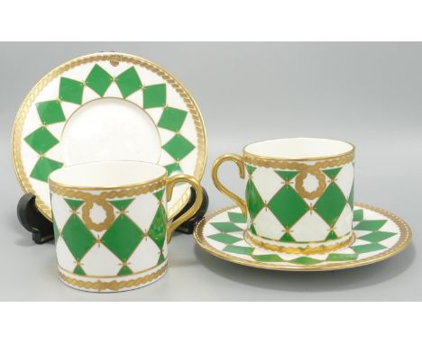 De Lamerie Fine Bone China heavily gilded Emerald Green Checker patterned Coffee Cans &amp; Saucers, specially made high end 