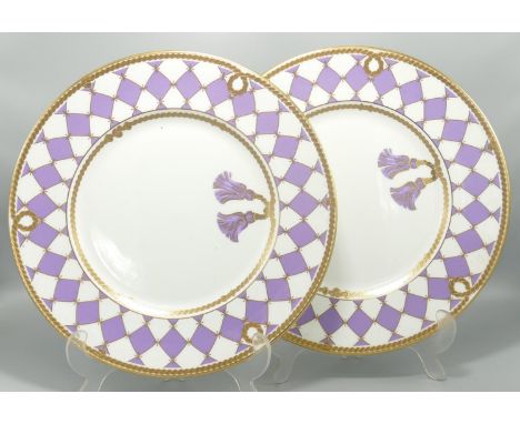 De Lamerie Fine Bone China heavily gilded Purple Checker patterned Dinner Plates, specially made high end quality item, Made 