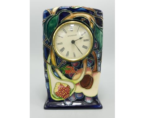 Moorcroft Queens Choice Boxed Clock , silver line seconds, dated 2000, height 15cm 