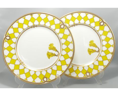 De Lamerie Fine Bone China heavily gilded Lemon Yellow Checker patterned Dinner Plates, specially made high end quality item,