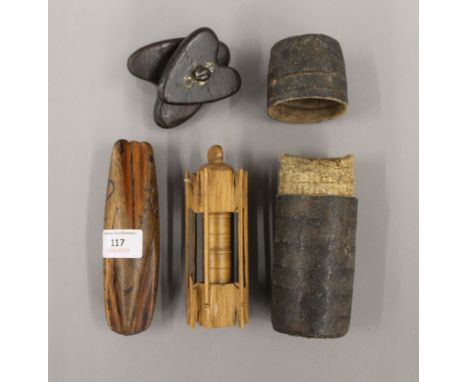 A treen fishing compendium in original case, together with a treen rope twisting tool and another item