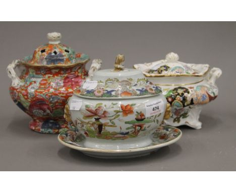 A Mason's Ironstone twin handled pot pourri vase and cover, a twin handled sucrier and cover, and a tureen and cover on stand