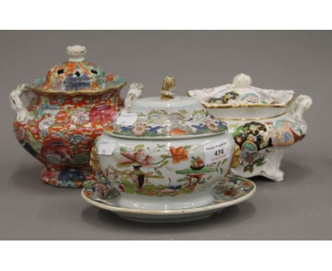 A Mason's Ironstone twin handled pot pourri vase and cover, a twin handled sucrier and cover, and a tureen and cover on stand