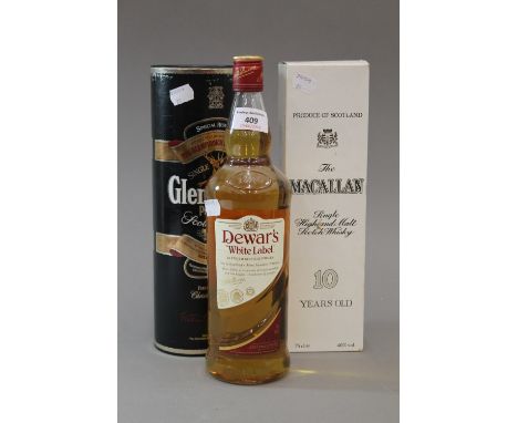 Scotch Whisky, three bottles; The Macallan Single Highland Malt 10 Years Old, Glenfiddich Special Reserve Single Malt and Dew