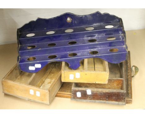 A vintage French enamelled egg holder, together with three cutlery trays and an oak two handled tray