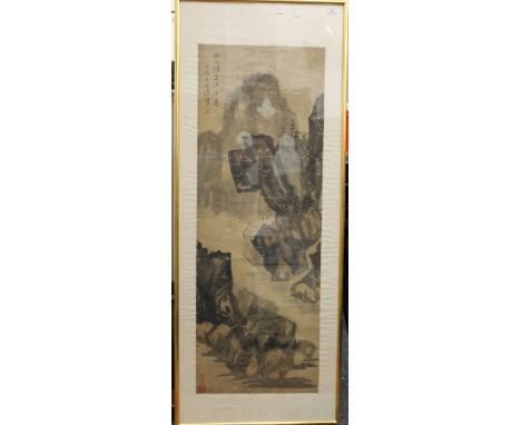 A 19th century Chinese framed scroll depicting a mountainous landscape, with red seal marks and a framed Chinese embroidery 