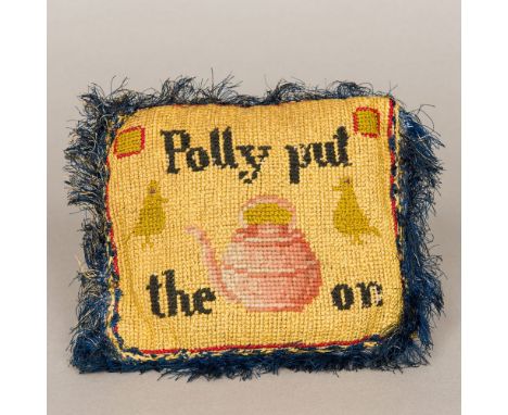 A vintage Folk Art stitched/embroidered cushion bearing the phrase Polly Put the Kettle On, decorated with a kettle and two b
