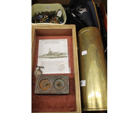 A quantity of militaria, including a pair of switches from The Glorious H.M.S. Amethyst, a WWI service medal, etc.