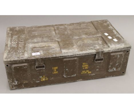 A vintage metal painted military ammunition box, stencilled