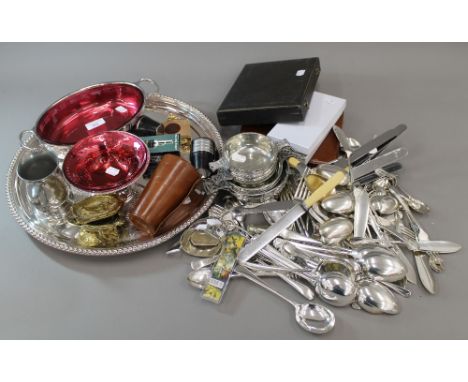 A silver plated tray, together with other silver plate and flatware