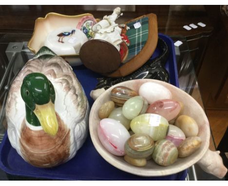 A Royal Worcester fruit painted bowl by K Blake, together with a duck tureen, mineral eggs, etc.