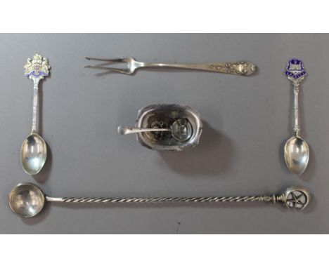 A sterling pickle fork, two silver and enamel souvenir teaspoons, an ottoman 800 silver sherbet spoon, a salt, a salt spoon a