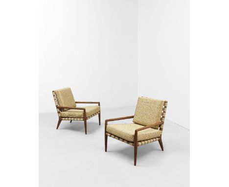 T.H. Robsjohn-GibbingsPair of armchairs, model no. 1720, 1950sWalnut, fabric webbing, brass nail heads.Each: 78.5 x 66.5 x 83