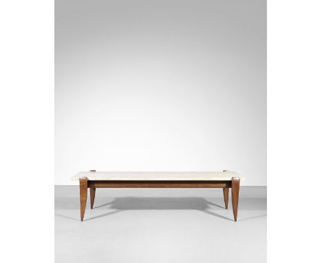 Gio PontiBench table,  model no. 2137, from the 'Modern by Singer' series, 1950sTravertine, walnut.38 x 152.5 x 46 cmManufact