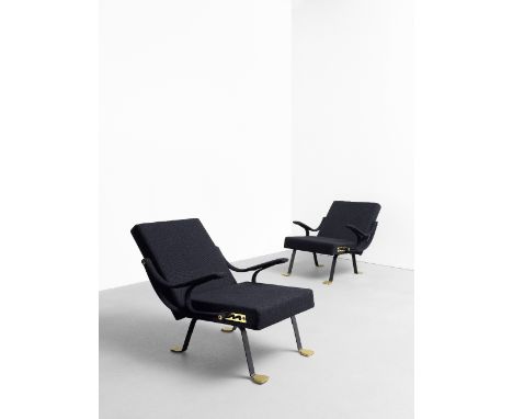 Ignazio GardellaPair of 'Digamma' adjustable armchairs, circa 1957Fabric upholstery, painted steel, brass.Each: 87 x 71 x 76 