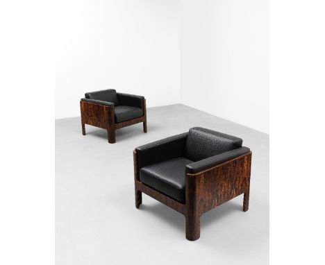 Isamu KenmochiPair of easy chairs, model no. SM7008, designed 1964Brazilian rosewood-veneered wood, leather upholstery.Each: 