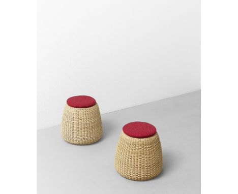 Isamu KenmochiPair of stools, model no. S-3030, designed 1968Rattan, fabric cushions.Each: 37.5 cm high, 38 cm diameterManufa