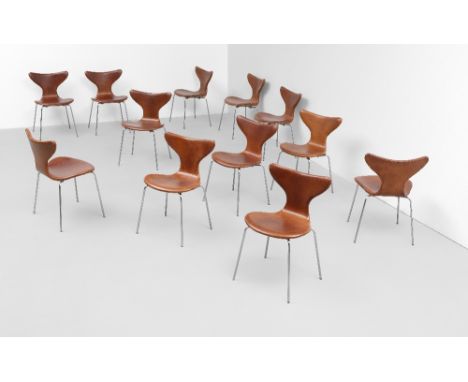 Arne Jacobsen Set of twelve 'Lily' stacking chairs, model no. 3108, designed 1961, produced 1970Leather, chromium-plated stee