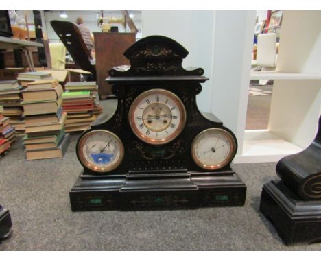A late-19th Century French black slate mantel three-dial weather station clock, perpetual calendar and barometer, the central