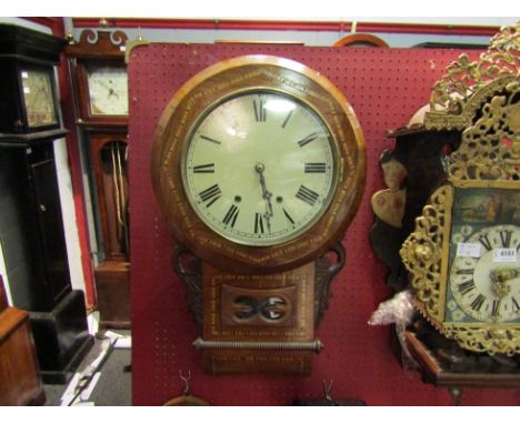 A 19th Century drop-dial wall clock, with black Roman numerals to the 28cm diameter cream face, the 8-day movement striking o
