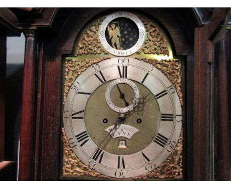 A late 18th Century East Anglian longcase clock, with black Roman numerals and subsidiary Arabic minutes to the 28cm diameter