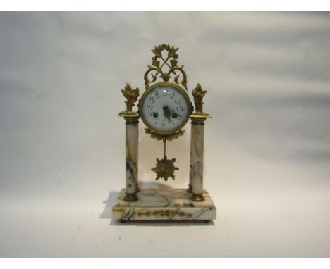 A late 19th Century Portico style mantel clock, with black Arabic numerals and delicate rose swags to the white enamelled fac