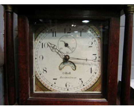 An early 19th Century East Anglian long case clock, with lack Arabic numerals to the 26cm square painted face, enclosing a se