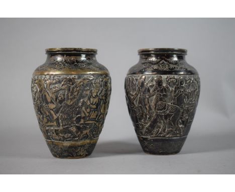A Pair of Persian Silver Vases Decorated in Relief with Hunting Party, Musicians and Dancing Girl, Livestock etc. Stamped to 