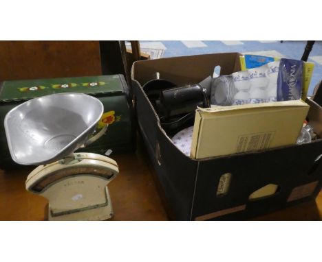 A Box of Kitchen wares to Include Salter Scales, Bargeware Bread Bin, Table Mats etc 