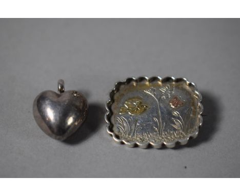 A Solid Silver Heart Shaped Pendant with Inset Diamond (18.5g) Together with an Oriental Mixed Metal Brooch with Bird, Butter