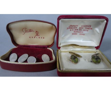 A Pair of Gents Silver Cuff Links with Engine Turned Decoration and a Gilt Pair Decorated with Gent Playing Lawn Bowls 