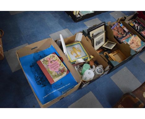 Two Boxes to Include Pictures and Prints, Glassware, Vintage Glass Light Shade, Glazed Terracotta Plaque etc and a Box of Nat
