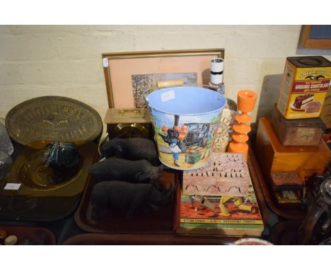 A Tray of Sundries to Include Carved African Wooden Ornaments, Mantle Clock, Child's Book, Candle Stick and Table Lamp etc 