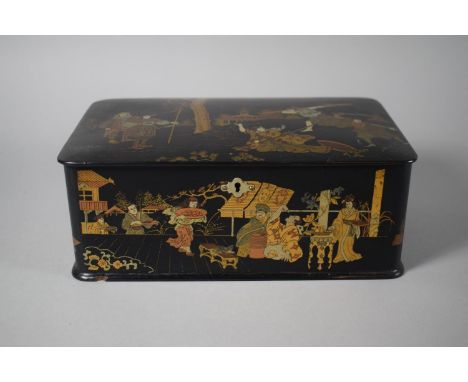 A Late 19th Century Japanese Meiji Period Black Lacquer Two Division Tea Caddy Box Decorated with Gilded Tones Depicting Vill