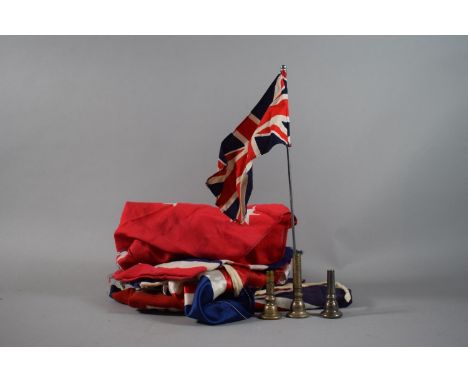A Collection of Two Silk Union Jacks, a Car Mounting Union Jack, Two Printed Union Jacks, An Australian and British Navy Ensi