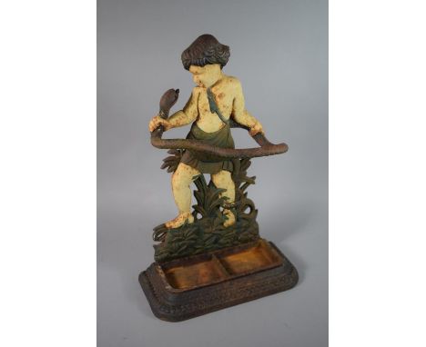 A Painted Cast Iron Novelty Stick Stand in the Form of Young Hercules Grappling with Snake, Removable Two Division Drip Tray,