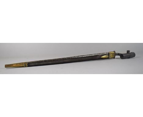 An 1853 Pattern Enfield Socket Bayonet with Tri-form Blade. Leather Brass Mounted Scabbard Inscribed 1097 