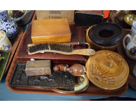 A Tray of Treenware to Include Carved African Panel, Hand Mirror, Lidded Boxes, Continental Pipe, Mahogany Cutlery Box etc 
