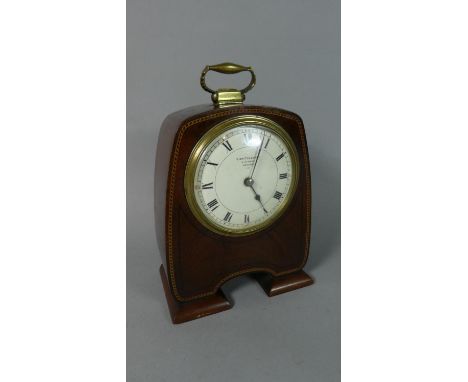 An Edwardian String Inlaid Mahogany Mantle Clock with White Metal Enamel Dial Inscribed S Smith &amp; Son, London. Brass Carr