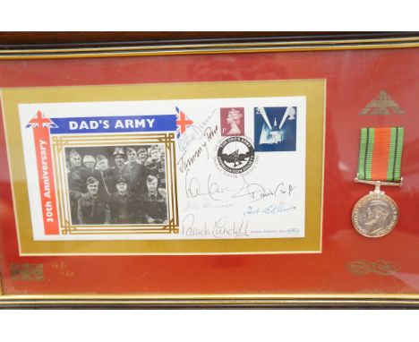 Framed signed first day cover Dad's Army appreciation society with medal signed by some cast members 