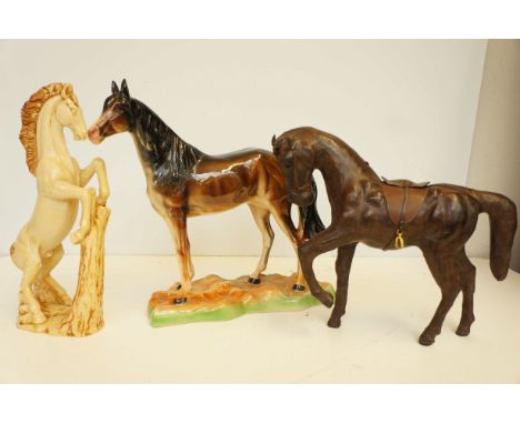 Large Belgium ceramic horse Height 36 cm together with a leather horse &amp; resin horse 