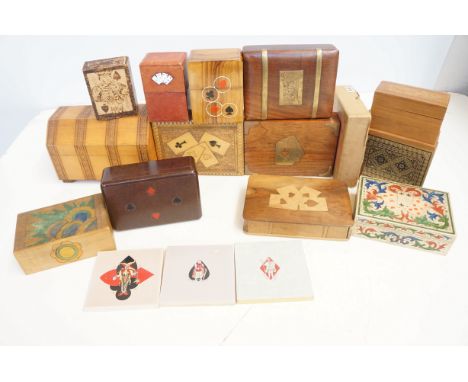 Early good quality playing card boxes to include bakelite, 3 Minton tiles &amp; others 