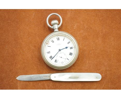 Kays standard lever plated pocket watch currently ticking together with a silver fruit knife with mother of pearl handle 