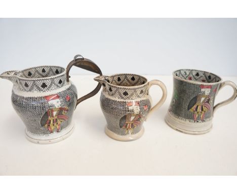 2x Very early playing card jugs together with a playing card mug - age related ware 
