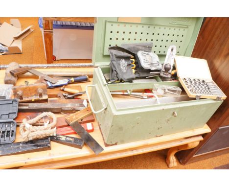 Metal chest of vintage tools &amp; modern tools 