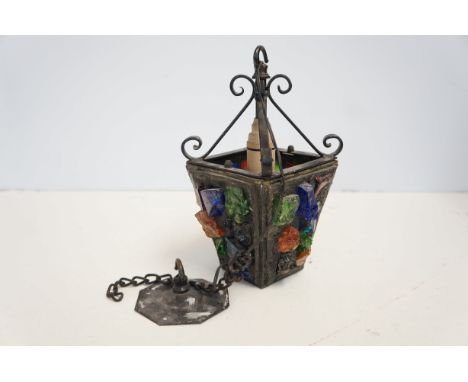 Heavy wrought iron &amp; glass electric lantern 