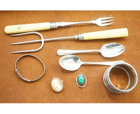 2x Silver forks, silver spoons, napkin ring &amp; others 