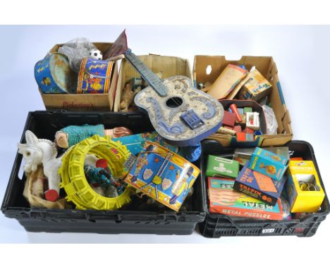 A large quantity of playworn vintage toys, components and similar contained within boxes as shown. 