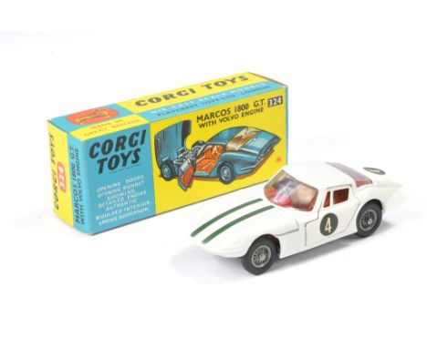 Corgi No. 324 Marcos 1800 GT (with Volvo Engine). White with red interior, green stripes. Excellent with very little sign of 